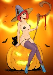 black_cat blue_eyes demimishi halloween jack-o'-lantern large_breasts looking_at_viewer medium_hair original original_character red_hair skull_pasties staff witch witch_hat