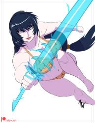 1girls bikini black_hair blue_eyes cleavage holding_weapon large_breasts long_hair m-a-v-e-r-i-c-k original original_character sword