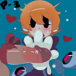 big_penis bottomless captain_kirb clothed clothed_female_nude_male dripping_cum peacock_(skullgirls) penis petite present red_hair red_hair ribbon ribbon_on_penis skullgirls sweatdrop