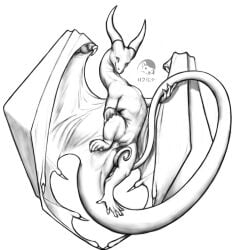 1:1 dragon elegant female feral genitals hi_res horn membrane_(anatomy) membranous_wings monochrome muscular muscular_female playful pussy scalie solo western_dragon wings yojek163