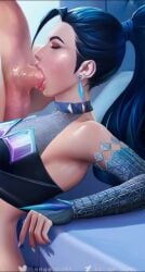 animated athletic_female choker earrings fansom female_focus human k/da_all_out_kai'sa k/da_all_out_series kai'sa league_of_legends light-skinned_female light-skinned_male light_skin longeron male open_mouth penis realistic riot_games saliva tagme video