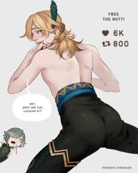 alhaitham_(genshin_impact) ass ass_focus blonde_hair gay genshin_impact high_ass_pants_lmao kaveh_(genshin_impact) kirashion nosebleed text_bubble yaoi