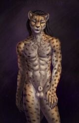 animal_genitalia anthro artist_name balls black_hair black_nipples black_nose chest_tuft felid front_view fully_sheathed fur genitals glistening glistening_eyes hair hi_res himeragoldtail long_hair looking_at_viewer male mammal mouth_closed narrowed_eyes nipples nude portrait sheath simple_background solo spots spotted_arms spotted_body spotted_fur spotted_legs standing tan_balls tan_body tan_fur tan_sheath three-quarter_portrait tuft