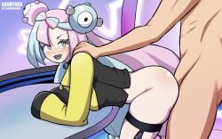 1boy 1girls aqua_hair bent_over blush body_blush bottomless bow-shaped_hair clothed_female_nude_male doggy_style eyelashes hair_ornament highres iono_(pokemon) long_hair looking_back male nude open_mouth oversized_clothes panties pink_hair pokemon pokemon_sv sandyrex sex_from_behind sharp_teeth shoulder_grab sleeves_past_wrists smile solo_focus straight thigh_strap tongue twintails two_tone_hair very_long_hair