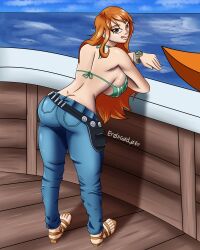 ass ass_cleavage big_breasts big_butt bikini bikini_top breasts brown_eyes bullets butt_crack erosgodlove female female_only green_bikini jeans large_breasts licking_lips nami one_piece orange_hair pirate post-timeskip sandals sea