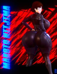 1girls 3d ass big_ass blush bodysuit bottom_heavy breasts brown_hair bubble_butt clothing dat_ass fat_ass female female_only hands_on_hips huge_ass kiro93591529 large_ass looking_at_viewer looking_back makoto_niijima persona persona_5 png short_hair solo text thick_ass thick_thighs thunder_thighs wide_hips