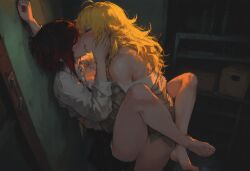 2girls ai_generated barefoot blush female/female hand_on_cheek kissing kizirugai legs_around_partner legs_around_waist pinned_to_wall ruby_rose rwby yang_xiao_long yuri