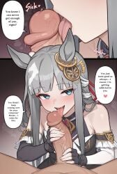 ai_generated animal_ears arm_support blue_eyes blush chrono_genesis_(umamusume) close-up dark_skin detached_sleeves english_text female fingerless_gloves grey_hair handjob horse_girl horse_tail large_penis licking_penis multicolored_hair multiple_views naughty_face saliva saliva_on_penis small_breasts speech_bubble tilted_head umamusume umamusume_pretty_derby white_hair