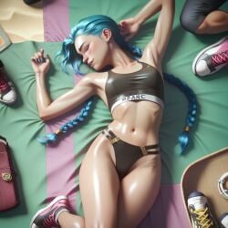 2025 ai_generated arcane arcane_jinx blue_hair bra breasts female hi_res high_quality jinx_(arcane) jinx_(league_of_legends) laying_down laying_on_back league_of_legends legs male_out_of_frame midriff panties park sneakers solo sports_bra sports_panties stable_diffusion straight sunbathing sweat tagme thighs underwear