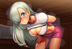 2025 ai_generated artist_name blue_eyes breasts cleavage crazyfishbones elizabeth_liones female hair_over_one_eye large_breasts long_hair looking_at_viewer silver_hair solo