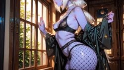 1girls ai_generated ass ass_focus athletic big_ass bike black_bra blush bra breasts female female_only fishnets hooves horn humanoid_pointy_ears jewelry league_of_legends long_hair pointy_ears ponytail purple_body purple_lipstick purple_skin riot_games small_breasts solo soraka sunset tagme tattoo thick_thighs toned toned_female very_long_hair white_hair wide_hips