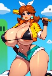1girls adapted_costume ai_generated areola areolae baseball_bat bikini bikini_bottom bikini_top bimbo bimbo_body bimbo_lips bimbofication bimbofied blue_eyes breasts breasts_bigger_than_head brown_hair choker cleavage collarbone colored_nails colored_skin earrings eyeshadow female fingerless_gloves fur-trimmed_shorts fur_trim fur_trim_(clothing) gigantic_breasts gloves hair_ribbon hairband half-closed_eyes holding holding_baseball_bat holding_object holding_weapon huge_ass huge_breasts jacket jacket_open lipstick long_eyelashes long_nails makeup mario_(series) mario_kart_world massive_ass massive_breasts micro_shorts midriff navel nintendo nipple_bulge novelai official_alternate_costume open_jacket outdoors outside over_shoulder popped_collar princess_daisy seductive seductive_look seductive_smile shiny_skin short_hair short_shorts sleeves_rolled_up smirk smug solo solo_female swimsuit_under_clothes tan tan_body tan_skin tanned tanned_skin tgm101_(artist) thick_lips thick_thighs thin_waist thong underboob unzipped weapon weapon_over_shoulder wide_hips