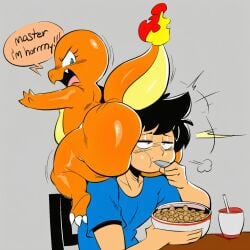 ai_generated angry annoyed anthro anthrofied ass big_breasts big_butt black_hair blue_eyes blush breasts charmander clothing cutlery dessert dialogue duo eating english_text female fire flaming_tail food generation_1_pokemon hellsonger hi_res huge_butt human interspecies kitchen_utensils looking_back male male/female mammal nintendo open_mouth orange_body orange_skin pokemon pokemon_(species) reptile scalie shirt short_stack simple_background sitting text thick_thighs tools topwear wide_hips