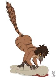 absurd_res ambiguous_gender anthro arm_feathers ass ass_up blood blood_in_mouth blood_on_face bodily_fluids brown_body brown_feathers brown_hair claws corpse death dinosaur duo eating feathered_dinosaur feathered_scalie feathers female hair hard_vore hi_res human looking_at_viewer mammal prehistoric_species reptile sanstitre2000 scales scalie sickle_claw simple_background striped_body stripes tail tail_feathers tan_body tan_feathers theropod thick_thighs toe_claws toony troodon troodontid vore white_background x_eyes yellow_eyes