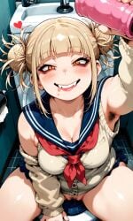 2025 ai_generated armpit_hair big_breasts black_hair blush boku_no_hero_academia breath bush bushy_pubes female hairy hairy_pussy heavy_blush heavy_breathing hi_res high_quality high_res high_resolution highres himiko_toga my_hero_academia onahole pixai ponytail sexy solo_focus submissive submissive_female sweat toilet toilet_stall yukio0o