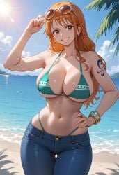1girls ai_generated beach bikini_top bracelet breasts brown_eyes clothing curvy curvy_female earrings female female_focus female_only glasses glasses_on_head hand_on_hip hourglass_figure hourglass_figured_female jeans large_breasts light-skinned_female long_hair looking_at_viewer nami_(one_piece) one_piece orange_hair outdoors smile solo solo_female tattoo thick_thighs thong_straps tight_pants water