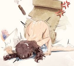 all_fours american_flag anger_vein ass braid brown_hair butterchalk cigar commentary completely_nude cum doggy_style english_commentary female highres nude original realda_(vibrantrida) sex sex_from_behind simple_background top-down_bottom-up trembling twin_braids what white_background