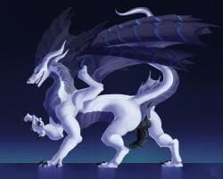 3_toes 4_fingers anus blue_eyes bodily_fluids claws dragon feet feral fingers genitals hi_res hilloty horn looking_at_viewer male mythological_creature mythological_scalie mythology penis scalie simple_background smile solo toes white_body wings
