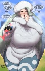 1girls closed_eyes curvy curvy_female earring english_text female hat jpg long_hair mahou_monster melony_(pokemon) milf pearl_earrings pokemon speech_bubble tagme twitter_link very_long_hair white_hair