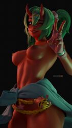 1girl 1girls 3d 3d_(artwork) aerolae breasts breasts_out demon demon_horns female female_focus female_only fortnite fortnite:_battle_royale green_hair horn horns looking_at_viewer nemia_(fortnite) nipples oranger6 peace_sign red_skin twintails wink winking_at_viewer