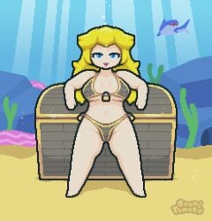 big_breasts bikini blonde_hair bubble bubbles happy laying_back lounging mario_(series) okami_tomato padlock princess_peach sand seabed shark sunbeam treasure treasure_chest underwater water watermark