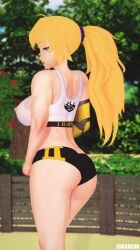 1girls arrancon ass blonde_female blonde_hair breasts clothed_female gym_clothes long_hair long_hair_female purple_eyes rwby see-through see-through_clothing see-through_top sideboob solo_female yang_xiao_long