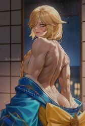 1girls artist_name ass back biceps blonde_hair braid breasts commission dimples_of_venus hi_res looking_at_viewer looking_back matching_hair/eyes muscular muscular_female oerba_yun_fang original robustaart smile solo yellow_eyes