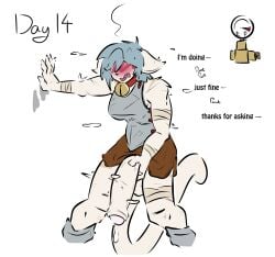 absurd_res anthro balls bandage big_penis blue_hair blush bodily_fluids bottomwear bottomwear_down breasts clothed clothing count day_count domestic_cat erection felid feline felis frustrated genital_fluids genitals gynomorph hair hi_res holding_penis huge_cock humanoid_genitalia humanoid_penis intersex leaking_precum lia_(notsafeforweh) mammal meme muscular muscular_gynomorph muscular_intersex nipples no_nut_november notsafeforweh nude number orgasm_denial pants pants_down partially_clothed penis precum shaking solo speech_bubble standing text white_body