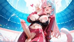 ai_art ai_generated animal_ears blue_hair cat_ears cat_girl cat_tail catgirl cum dickgirl futanari futanari koneko konekofuta large_breasts large_penis pink_hair torn_clothes track_suit two_tone_hair two_tone_hair_(blueandpink)