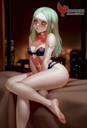 1girls 2d ai_generated ass back bare_shoulders barefoot big_ass bra cyberpunk:_(edgerunners) cyberpunk_2077 erophoenix female female_focus full_body green_hair long_hair looking_at_viewer pale_skin pale_skinned_female panties patreon_username rebecca_(edgerunners) red_eyes red_sclera sitting small_breasts smile soles solo tattoo thick thick_thighs uncensored underwear yellow_eyes