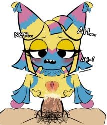 anal anal_sex animate_inanimate anthro anus ass balls blue_body blush bodily_fluids cum cum_in_ass cum_inside dandy's_world digital_media_(artwork) duo erection female female_penetrated fur genital_fluids genitals humanoid living_pinata male male/female male_penetrating male_penetrating_female multicolored_body multicolored_fur nude penetration penile penis pinata pubes roblox sex sharp_teeth teeth text toons_(dandys_world) vulva vwhiskers yatta_(dandy's_world) yellow_body
