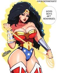 1girls athletic big_hair black_hair dc dc_comics dialogue diana_prince lasso_(lasso) looking_at_viewer sparkietheartist text thick_thighs wonder_woman wonder_woman_(series)