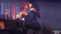 2girls 3d against_table black_hair candle candlelight candles dominant dominant_female drunk drunk_female female female_on_female female_only forced_yuri fully_clothed holding_waist holding_wrist imminent_kiss moonlight night night_sky pressed pressed_against pressing_against pressing_breasts_together questionable_consent red_hair shocked shocked_expression shocked_eyes shocked_face shocked_female surprised surprised_expression the_witcher_(series) the_witcher_3:_wild_hunt triss_merigold wine yennefer yennefer_of_vengerberg yuri