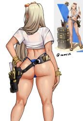 1girls artist_name ass ass_focus back back_view blonde_hair blue_swimsuit bracelet bracelets centi_(nikke) centi_(ocean_repair)_(nikke) earrings female_only goddess_of_victory:_nikke heart-shaped_eyewear hi_res long_hair mommymilkers3k official_alternate_costume see-through_clothing shirt sunglasses sunglasses_on_head swimsuit tanline tanned_female tanned_skin tool_belt tools wet wet_skin white_background