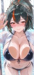 1girls ai_generated amenude_ai big_breasts bikini black_hair blush breast_on_glass female hi_res high_quality light_skin on_glass orange_hair phone_wallpaper smile thighs two_tone_hair wet wet_clothes zenless_zone_zero zhu_yuan
