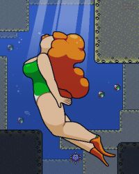 anthro big_breasts big_lips blurp blurp_girl_(okami_tomato) bubble bubbles cave fish flippers ginger ginger_female ginger_hair goggles green_swimsuit mario_(series) okami_tomato orange_lips orange_lipstick super_mario_world swimming swimming_goggles swimsuit tail underwater underwater_cave urchin_(mario) water watermark