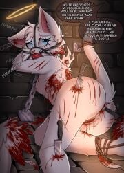 angel angel_wings ass ass cat_ears cat_tail catgirl crying dialogue feathers female forced halo knife muzzle_(object) muzzle_gag muzzled sad tied_up