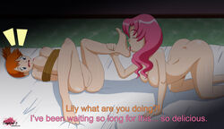 2girls bondage demonkingd17 english_text female female_only human human_only kasumi_(pokemon) licking lily_(pokemon) multiple_girls nintendo nude orange_hair pink_hair pokemon text yuri