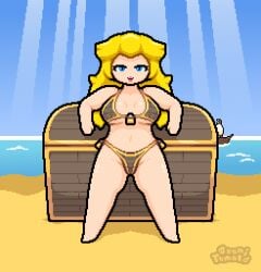 beach big_breasts bikini blonde_hair happy laying_back lounging mario_(series) okami_tomato padlock pirate_ship princess_peach sand ship sunbeam treasure treasure_chest water watermark