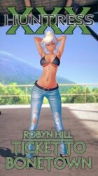 1girls arrancon bra cover_page female half-dressed half_naked half_naked_female hands_behind_head ponytail pose posing purple_eyes ripped_pants robyn_hill rwby solo_female white_hair white_hair_female