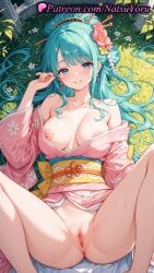 1girls 2025 ai_generated anus aqua_hair bangs bare_shoulders blue_eyes blush breasts collarbone earrings floral_print flower grass hair_flower hair_ornament hair_stick hi_res highres japanese_clothes jewelry kimono komurasaki kozuki_hiyori large_breasts long_hair looking_at_viewer lying naked_kimono natsuyoru nipples no_panties obi off_shoulder on_back one_piece outdoors patreon pink_kimono pussy sash shaved_vagina smile solo spread_legs uncensored vagina voluptuous voluptuous_female yellow_sash