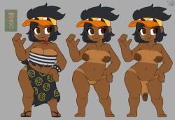 1futa 1girls artist_logo balls ballsack bangs black_hair blank_background blush_stickers breasts brown_hair character_sheet clothed clothing dark-skinned_female dark_areola dark_areolae dark_brown_eyes dark_nipples dark_skin ebiinari electronic_arts gray_background grey_background hand_on_hip headwear looking_at_viewer medium_breasts medium_hair mysims neckwear nipples oc original original_character penis pussy smile solo tanline tanlines thick_thighs thighs torn_clothes torn_clothing vagina watermark waving waving_at_viewer wristwear