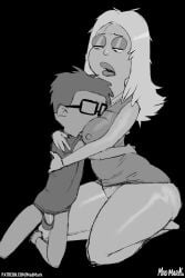 1boy 1boy1girl 1girls 2d american_dad banana_hammock black_and_white breasts dress face_in_breasts francine_smith glasses holding hug incest legs light-skinned_female light-skinned_male madmark male milf monochrome mother mother_and_son nipples_visible_through_clothing panties penis steve_smith