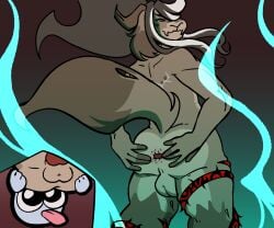 6:5 anthro ass blue_fire bovid butt_grab caprine chimera colored_fire dyed_fur emoji fire fluffy gaping hair hand_on_butt happy hi_res knot male male/male mammal perseve perseve_(character) ponytail slightly_chubby solo spreading squeezing tattoo thorns