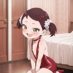 ai_generated anime becky_blackbell bedroom blush choker cleavage_cutout flat_chest ground hair_ornament half-closed_eyes kneeling latex_clothing pale-skinned_female platform_heels presenting red_dress shiny_clothes smiling spy_x_family tight_clothing tight_dress tight_fit twintails whore_heels