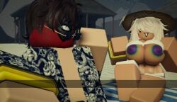 1boy 1girls beach big_breasts bikini bikini_top flashing flashing_breasts hat ninjashyper2 public public_exposure public_indecency public_nudity rainbow rainbow_tits roblox roblox_avatar roblox_game robloxian skittle_(ninjashyper2) snapchat