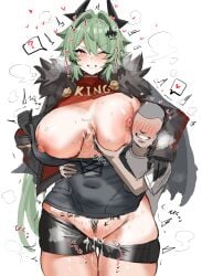 black_thighhighs boy breasts caesar_king_(zenless_zone_zero) female green_hair highleg horn/wood large_breasts looking_at_viewer low_ponytail ponytail revealing_clothes size_difference small_dom_big_sub smaller_male sword thighhighs thighs yellow_eyes younger_male younger_penetrating_older zenless_zone_zero