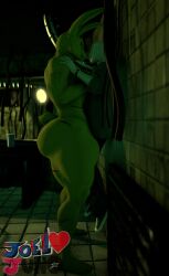 3d against_wall animatronic anthro artist_request ass big_butt fazbear_frights_(location) five_nights_at_freddy's five_nights_at_freddy's_3 fnaf green_body human humanoid imminent_sex looking_at_another male/male male_only night_guard_(fnaf) nude rabbit robot scottgames size_difference smaller_male springtrap springtrap_(fnaf)
