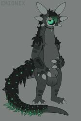 1_eye 3_toes 4_fingers 6_ears absurd_res accessory alien animal_genitalia anthro armpit_hair artist_name back_mane balls bangs big_balls big_claws big_hands big_sheath black_hair black_mane black_sclera body_hair claws countershade_feet countershade_hands countershade_torso countershading crystal digital_drawing_(artwork) digital_media_(artwork) emionix emo_haircut featureless_chest feet finger_claws fingers flat_colors front_view fully_sheathed genitals green_eyes green_hair green_mane grey_balls grey_body grey_claws grey_countershading grey_markings grey_sheath hair half-closed_eyes hand_on_belly hi_res huge_balls huge_sheath jewelry kesri_(emx) lidded_eyes long_neck long_tail looking_at_viewer male male_anthro mane markings mottled mottled_body mouthless multi_ear multicolored_hair multicolored_mane narrowed_eyes necklace nonbinary_(lore) nude nude_anthro nude_male omnilurkerbeast omnitope overweight overweight_anthro overweight_male pendant plantigrade scutes semi-anthro sheath solo standing star_polygon tail tail_mane text thick_neck thick_tail three-quarter_view toe_claws toes toony two_tone_hair two_tone_mane unusual_ears