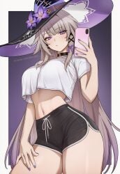 1girls ai_generated bangs belly belly_button big_breasts blush breasts brown_hair choker crop_top curvy dolphin_shorts herta_(honkai:_star_rail) hi_res highres hips honkai:_star_rail honkai_(series) large_breasts long_hair midriff navel phone purple_eyes shirt short_shorts shorts sidillusts slender_waist slim_waist solo stomach the_herta_(honkai:_star_rail) thick_thighs thighs thin_waist wide_hips witch_hat